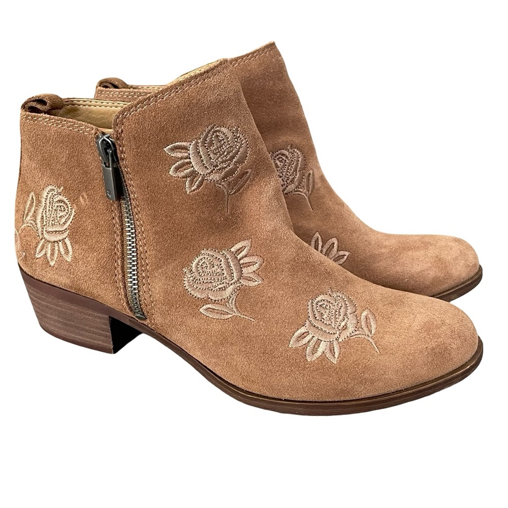 Lucky Brand Light Brown Suede Rose Embroidered Ankle Boots Basel 5 Size 10